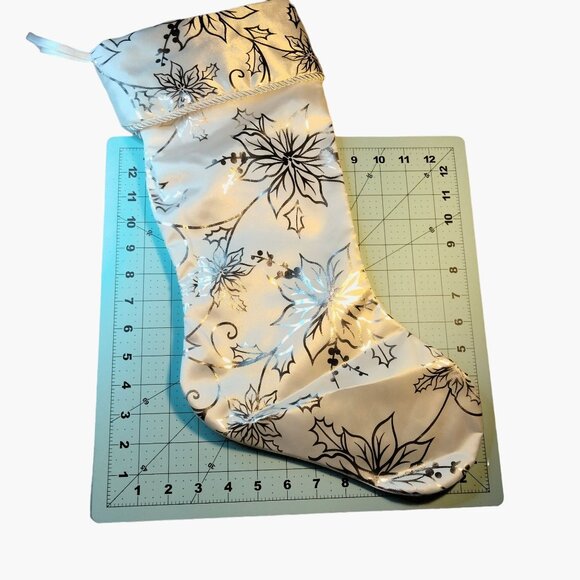 Elegant White Satin Christmas Stocking Silver Poinsettia Floral Design - Picture 4 of 4